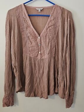 Lucky Brand Crochet Top Button Sleeve Boho  V-neck Size XL
